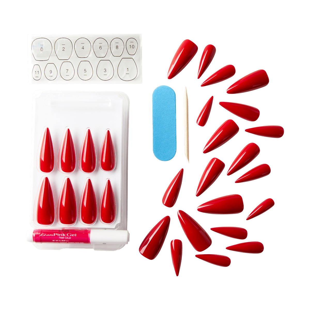 KISS Salon Color, Press-On Nails, Pretty Savage, Red, Extra-Long Stiletto, 28ct