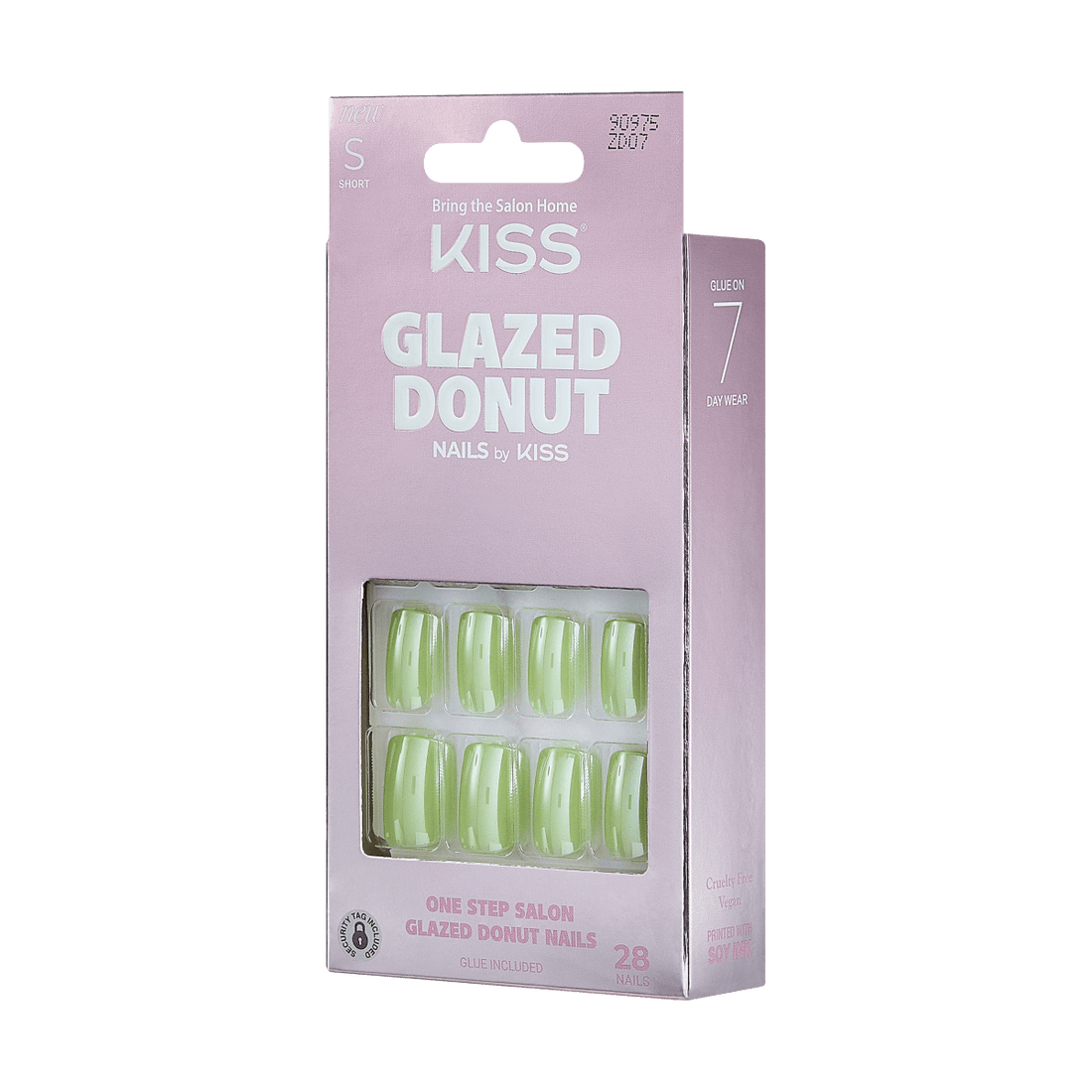KISS Glazed Donut short press-on nails in light green tea color, shown in pink packaging with 28 nails, glue included, and 7-day wear claim.