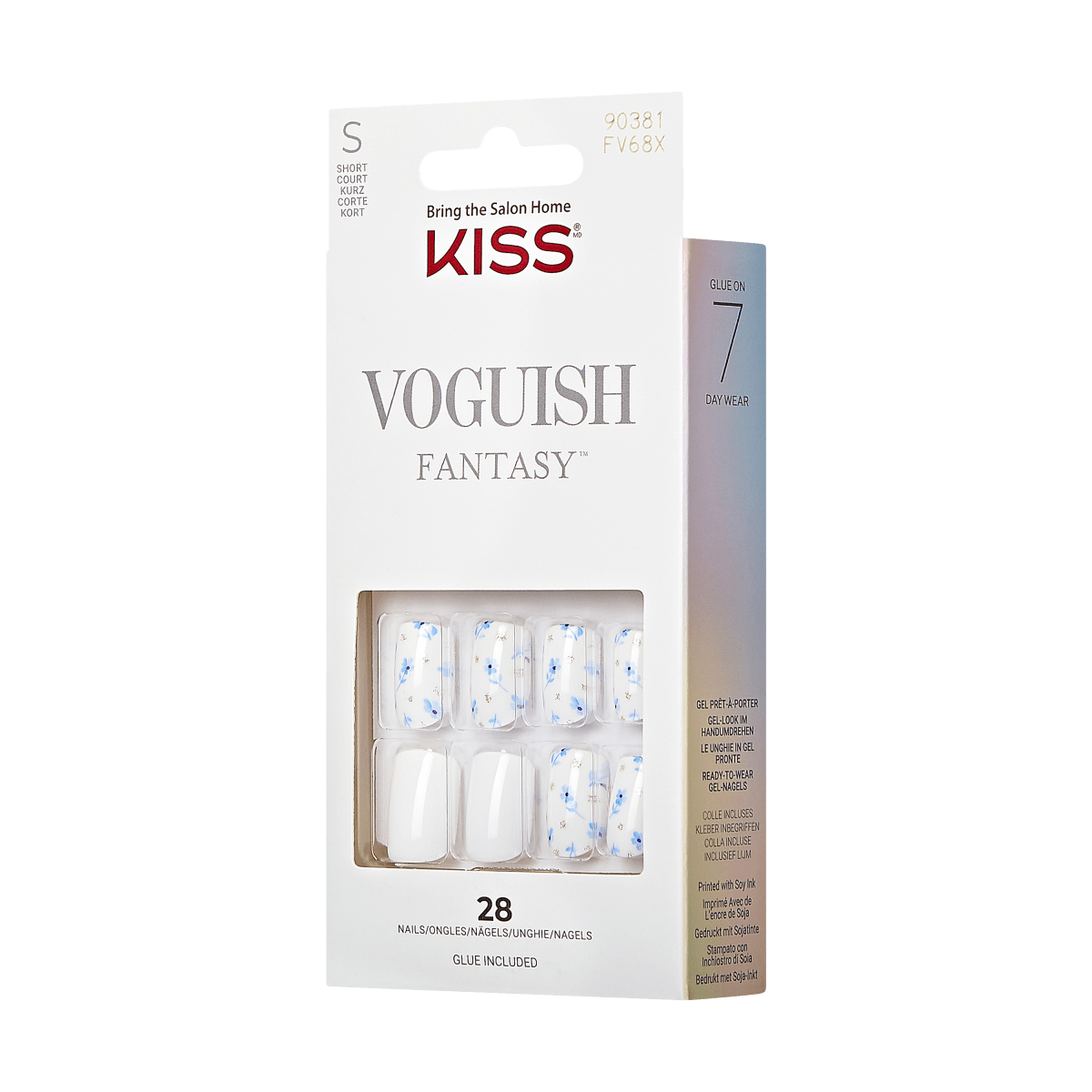 KISS Voguish Fantasy Press-On Nails, Blue & White, Short Length, Square ...