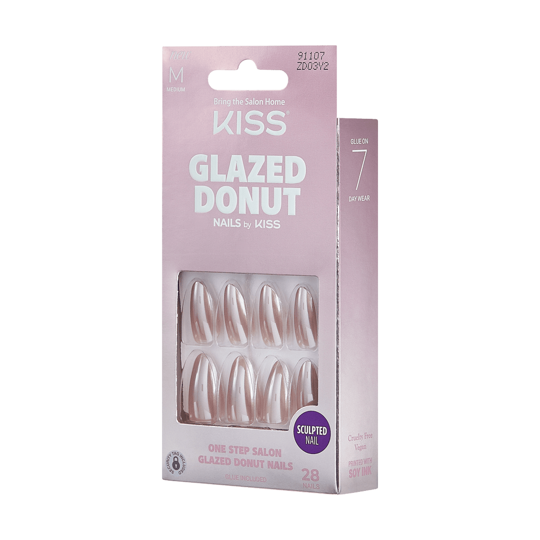 KISS Glazed Donut, Press-On Nails, Holes, Metallic, Med Almond, 28ct