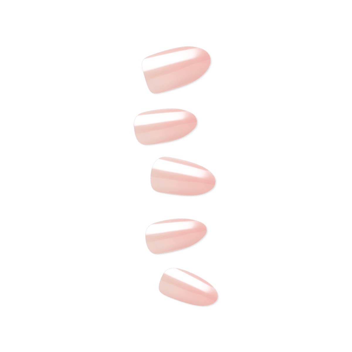 Five glossy, light pink press-on nails in varying sizes, shown against a transparent background for the Strawberry Glazed Glazed Donut manicure.