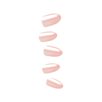 Five glossy, light pink press-on nails in varying sizes, shown against a transparent background for the Strawberry Glazed Glazed Donut manicure.