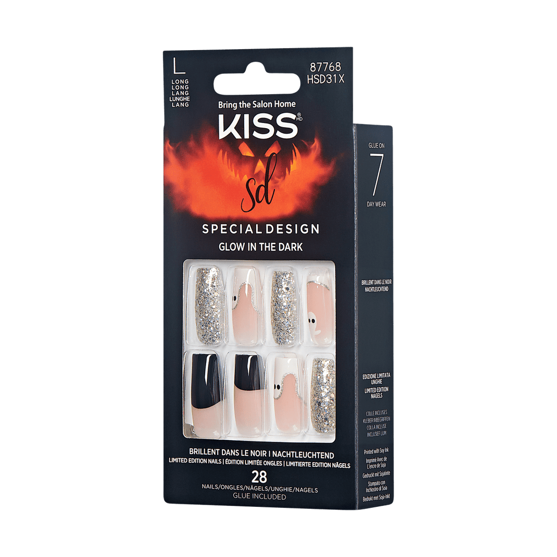 KISS Special Design, Press-On Nails, Bad Dreams, Black, Long Square, 28ct