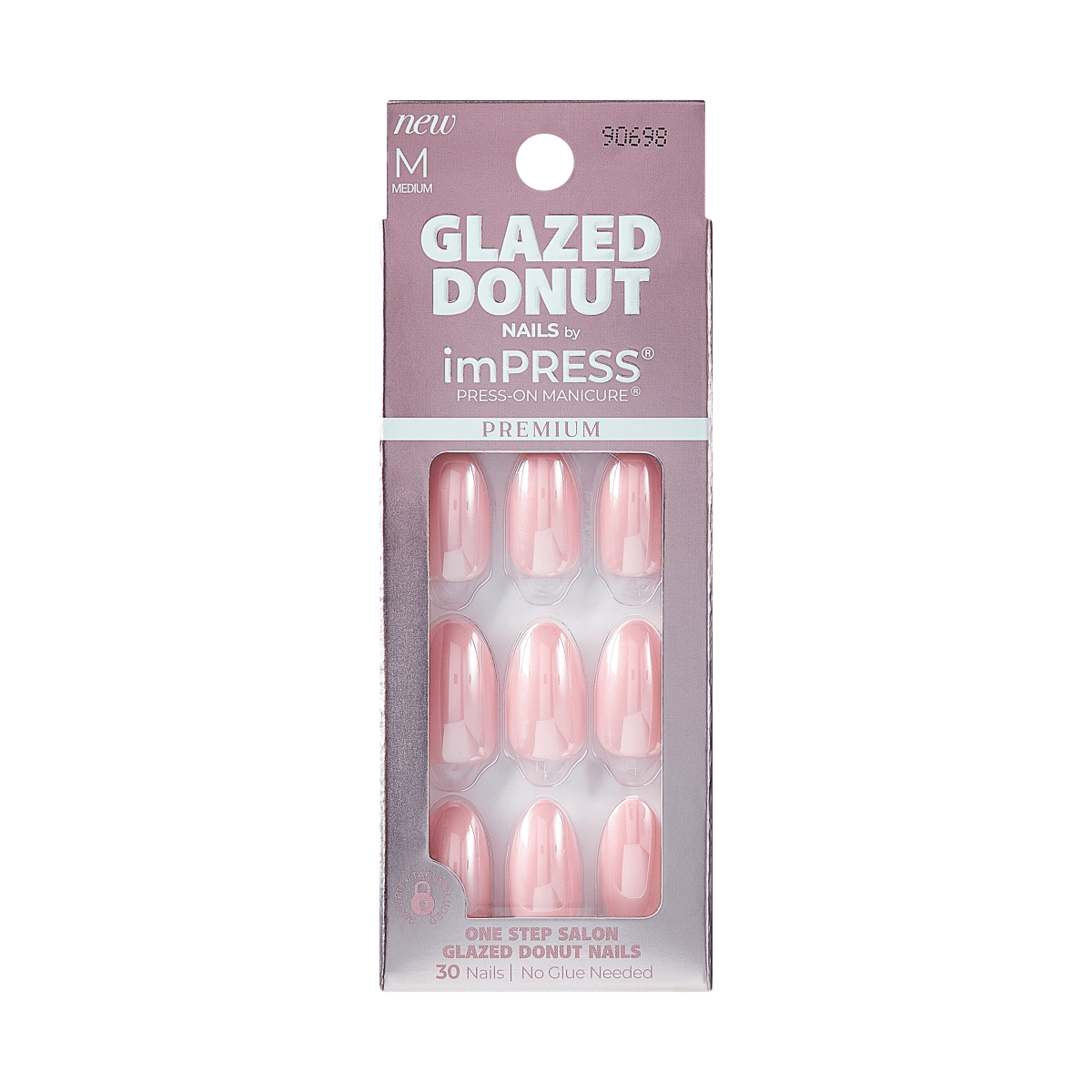 Medium-sized imPRESS Glazed Donut press-on nails in glossy strawberry pink, packaged in a mauve box labeled \