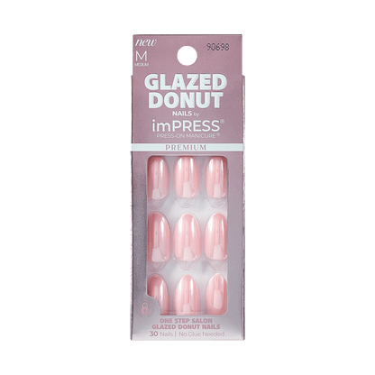 Medium-sized imPRESS Glazed Donut press-on nails in glossy strawberry pink, packaged in a mauve box labeled \