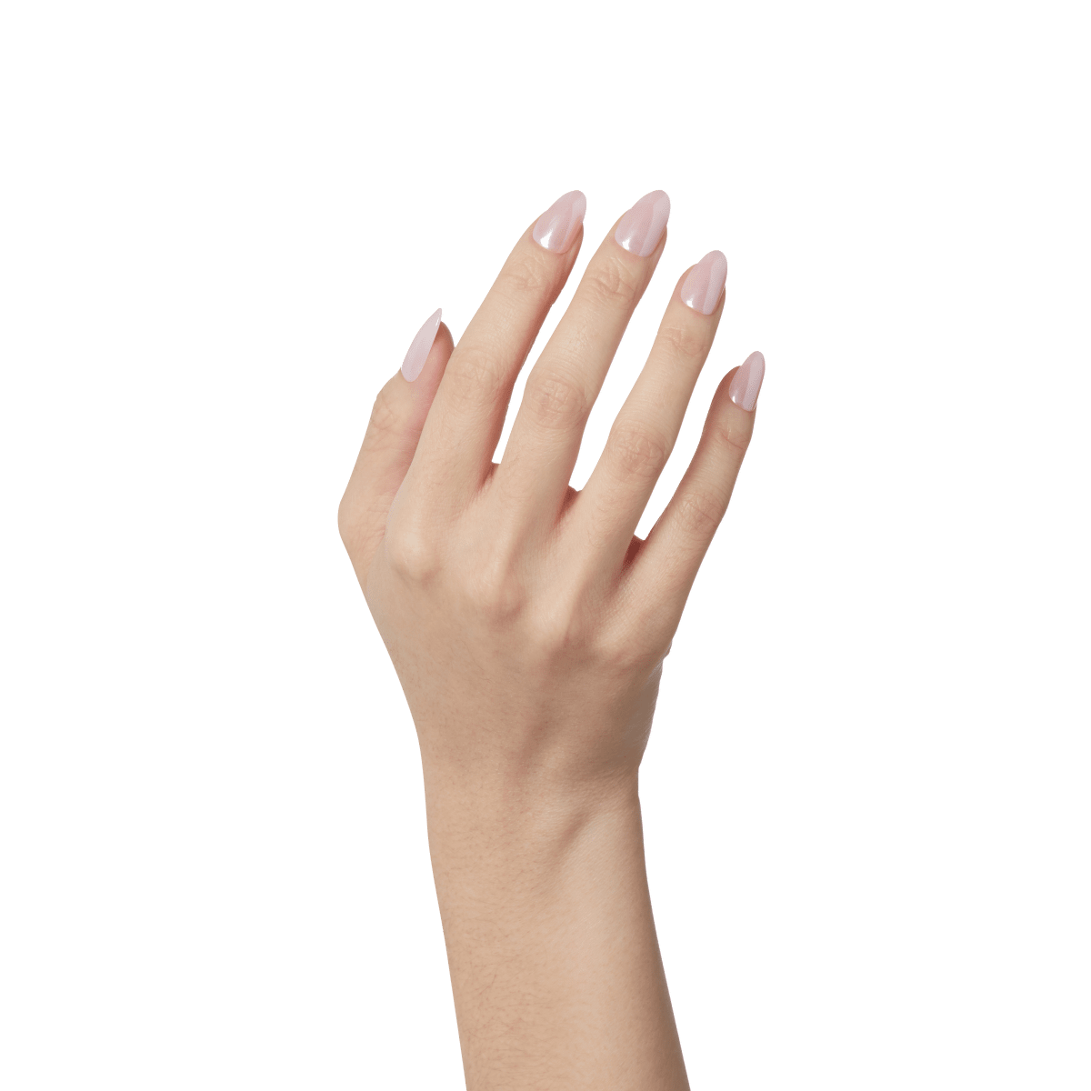 Hand with strawberry glazed light pink glossy press-on nails, shown from the back with fingers slightly spread.