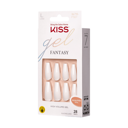 KISS Gel Fantasy, Press-On Nails, True Color, White, Long Coffin, 28ct