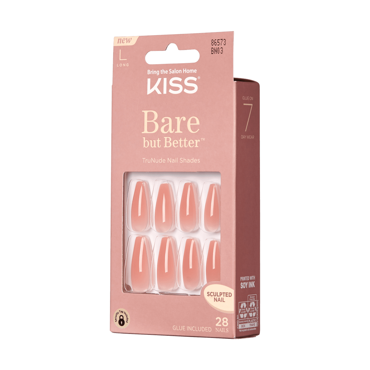 KISS Bare But Better, Press-On Nails, Nude Glow, Nude, Long Coffin, 28ct