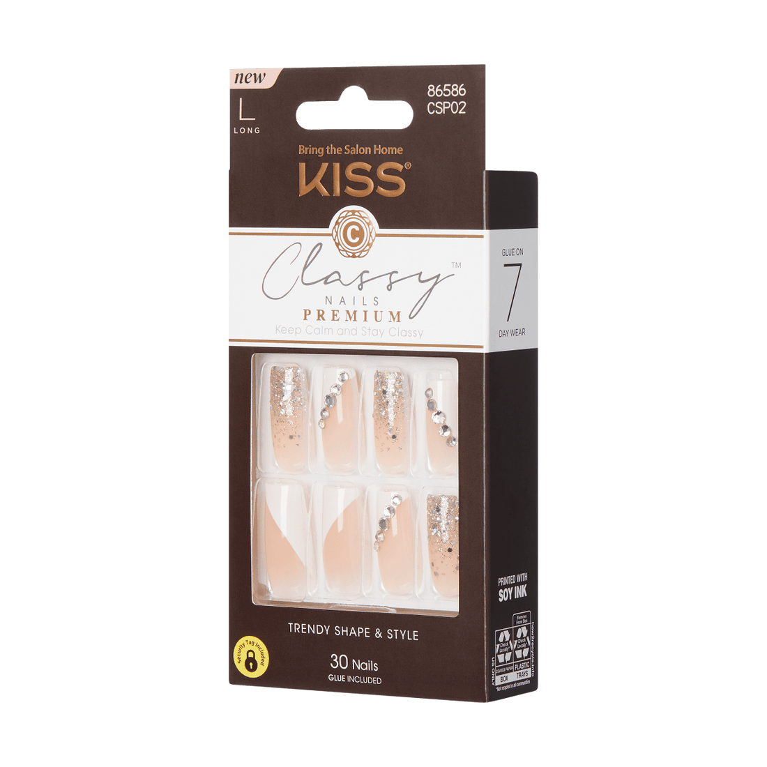 KISS Classy Nails Premium, Press-On Nails, Gorgeous, White, Long Square, 30ct