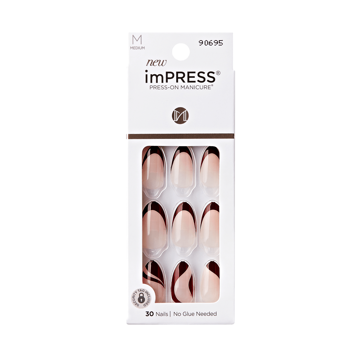imPRESS medium press-on manicure nails in nude with dark brown abstract swirl design, 30 nails included, no glue needed, shown in white packaging.