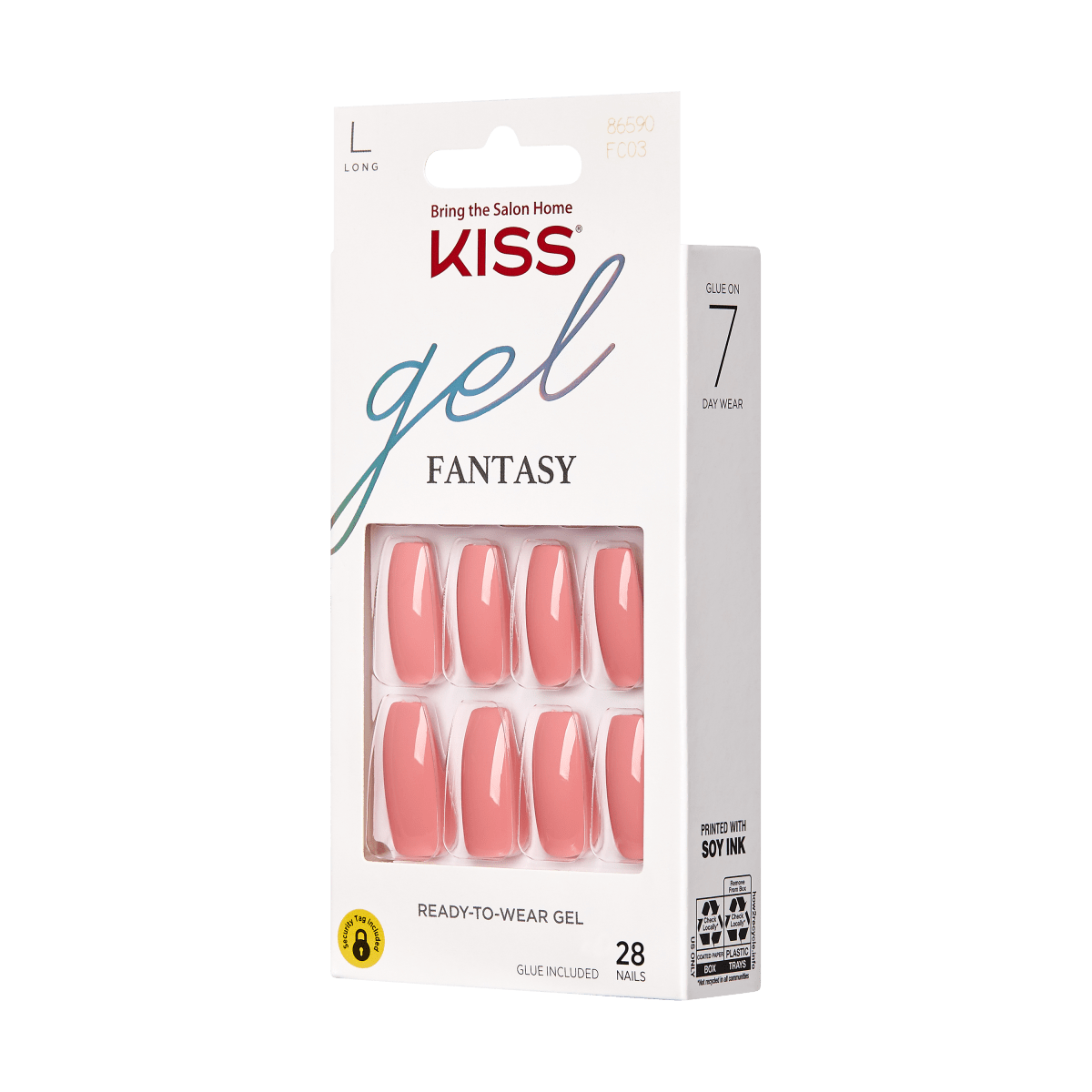 KISS Gel Fantasy, Press-On Nails, Urbane, Pink, Long Coffin, 28ct