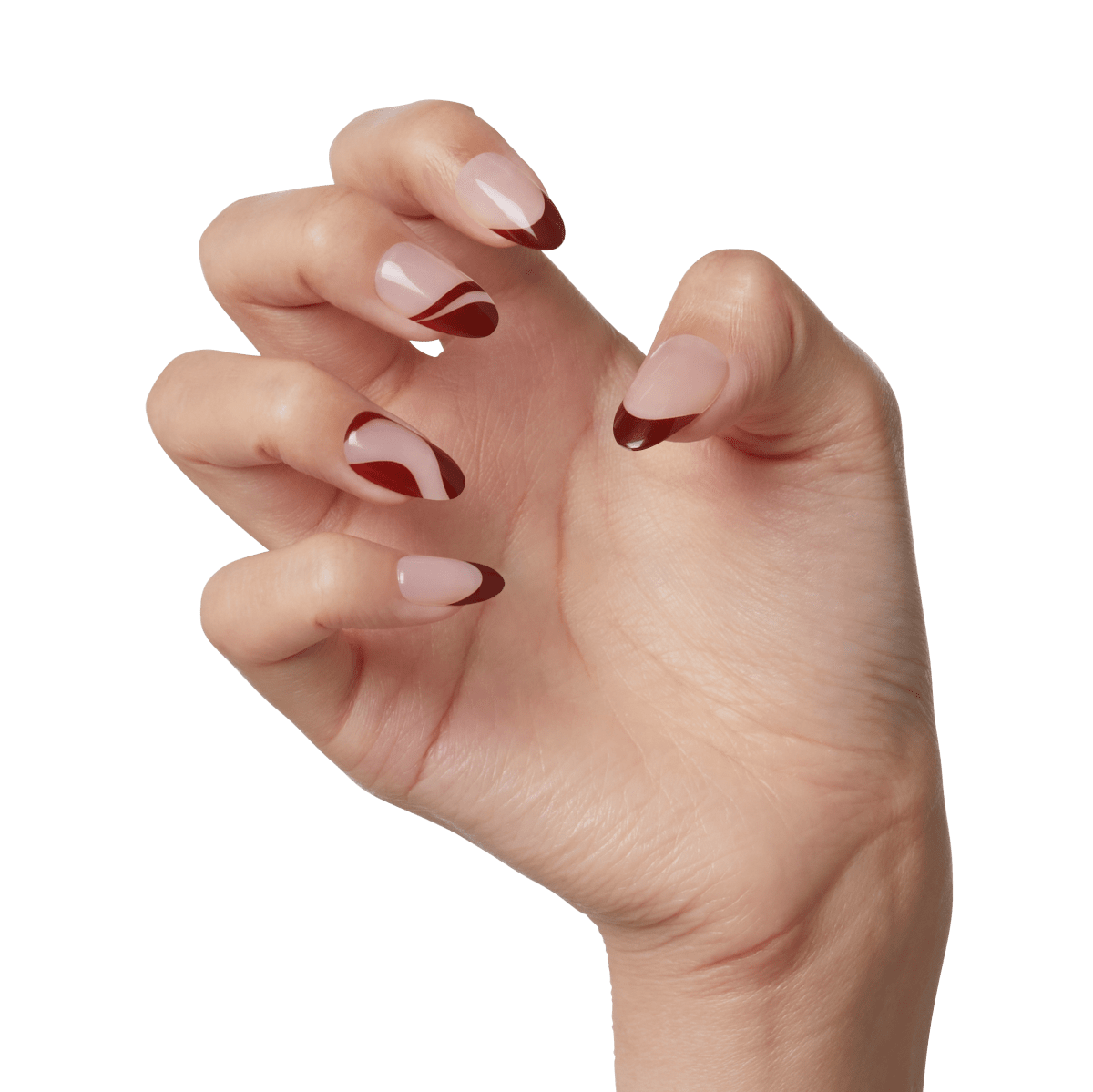 Hand with press-on nails featuring glossy nude base and dark red abstract swirl and tip designs, showcasing polished, modern style.