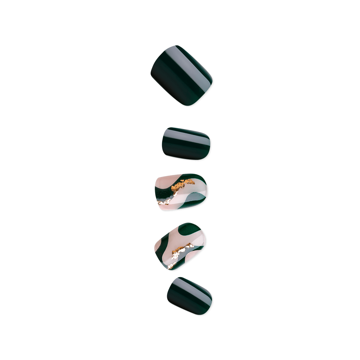 Set of five press-on nails in glossy dark green and nude with abstract dark green swirls and gold foil accents, shown on a white background.