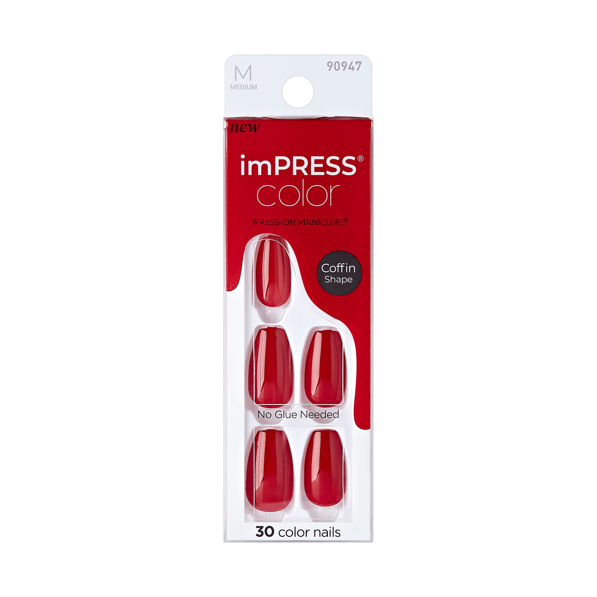 KISS imPRESS No Glue Mani Press On Nails, Color, Destination, Red, Med Coffin, 30ct