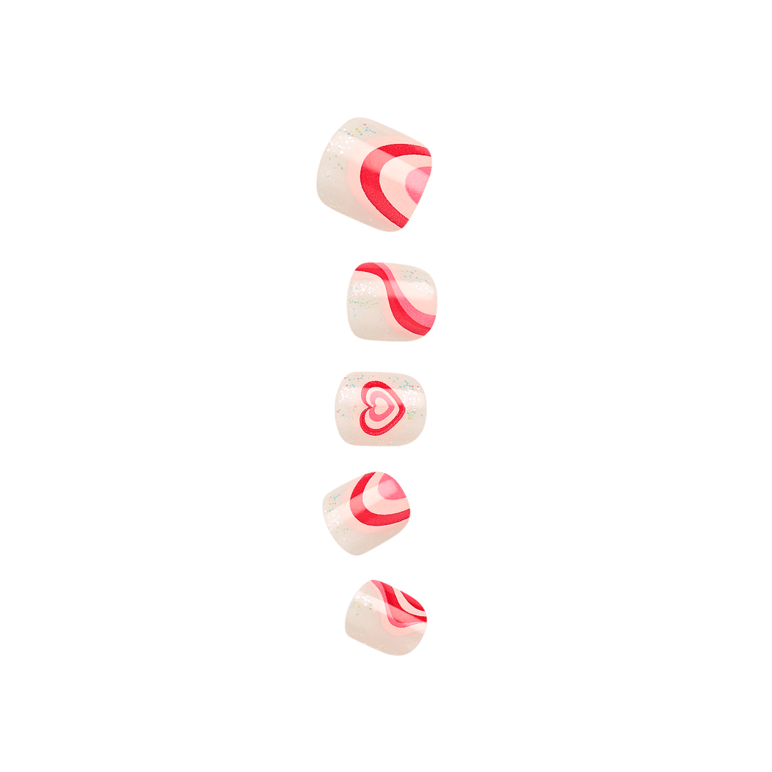 Five mini press-on nails for kids shown in a vertical row, featuring red and pink heart and stripe designs on a sparkly white background.