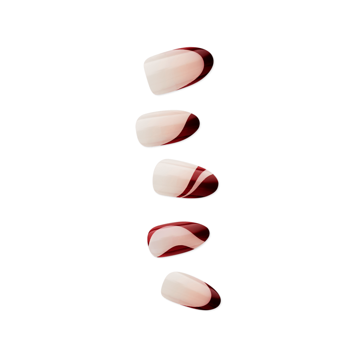 Set of five press-on nails with a cream base and glossy deep red swirl designs, displayed on a transparent background.
