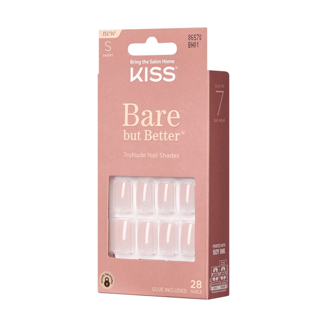 KISS Bare But Better, Press-On Nails, Nudies, Nude, Short Squoval, 28ct