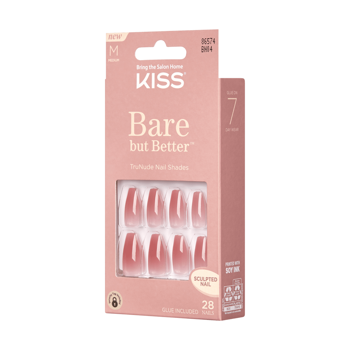 KISS Bare but Better Press-On Nails, Glossy Pink, Medium Length, Coffin ...