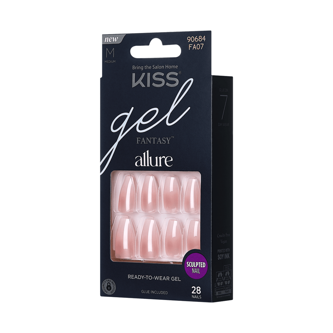 KISS Gel Fantasy, Press-On Nails, Essential, Pink, Med Coffin, 28ct