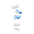 Five press-on nails in a vertical row featuring a Riviera Paradise design; white base with two nails having blue watercolor patterns and one with white glitter accents.
