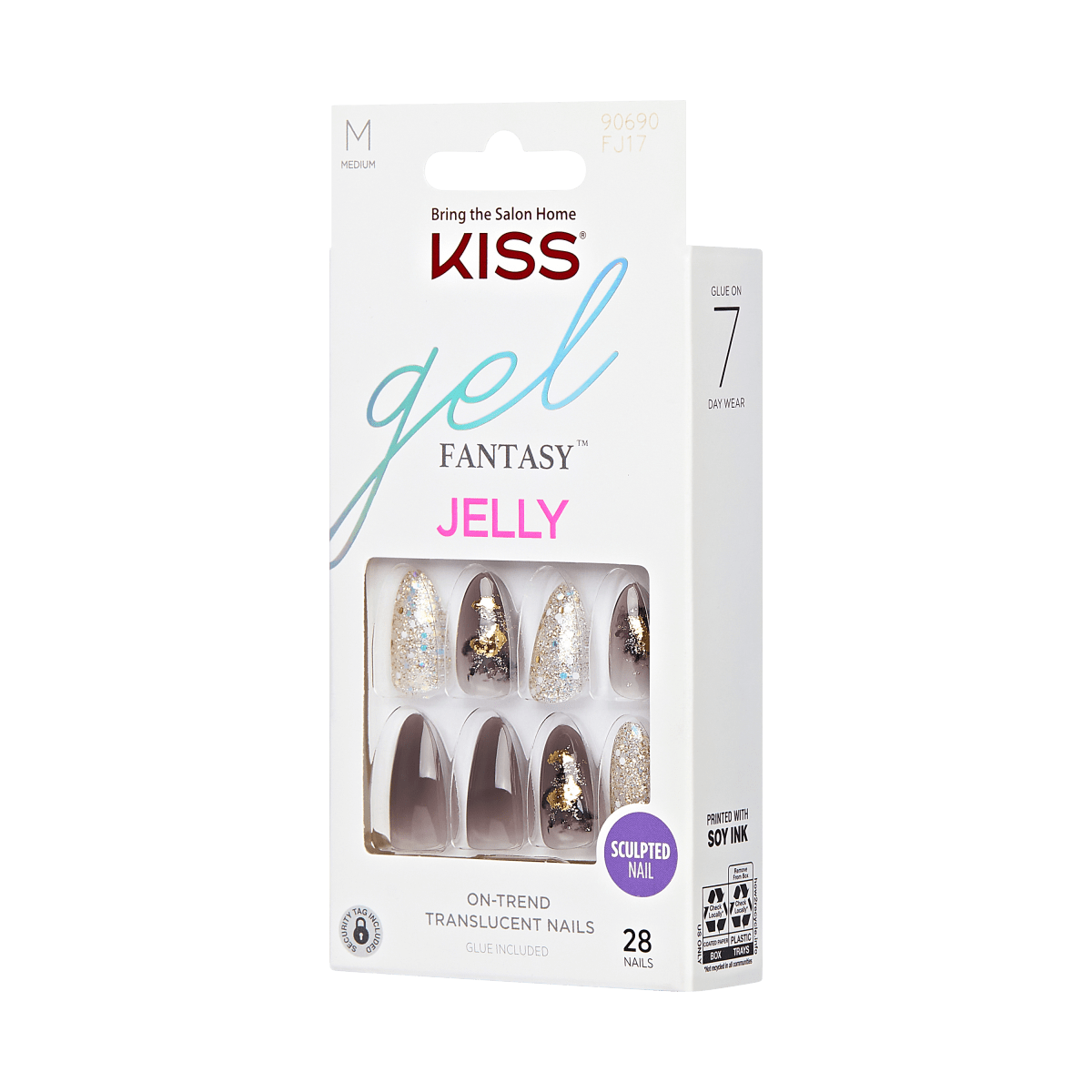 KISS Gel Fantasy Jelly Press-On Nails, Floral Jelly, Brown & Gold ...