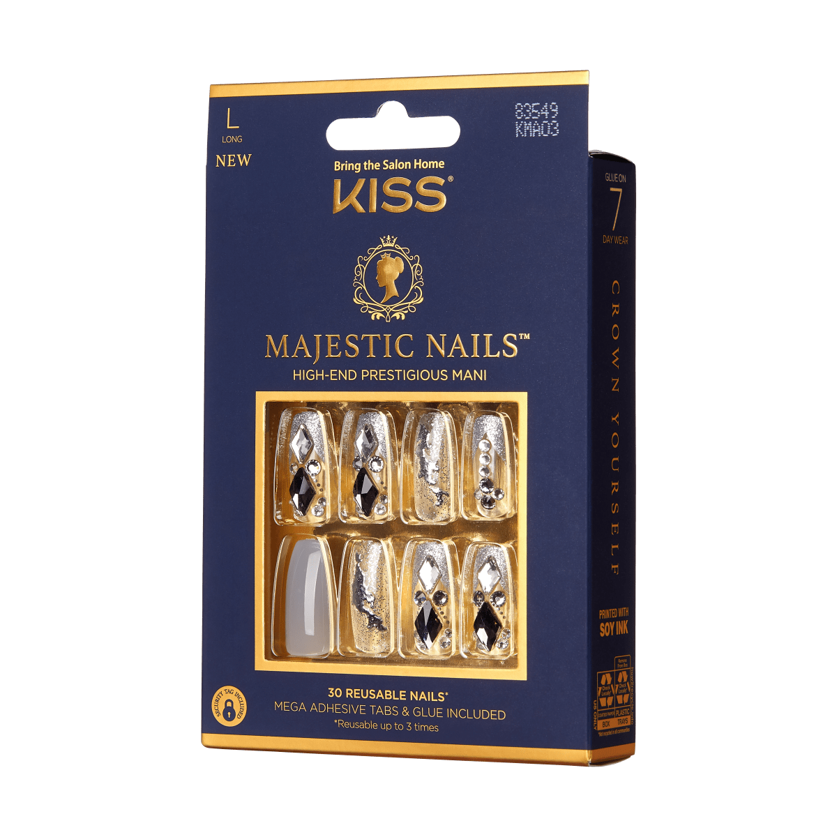 KISS Majestic Nails Sparkle package with 30 reusable long nails featuring gold, silver, and black jewel designs, includes adhesive tabs and glue.