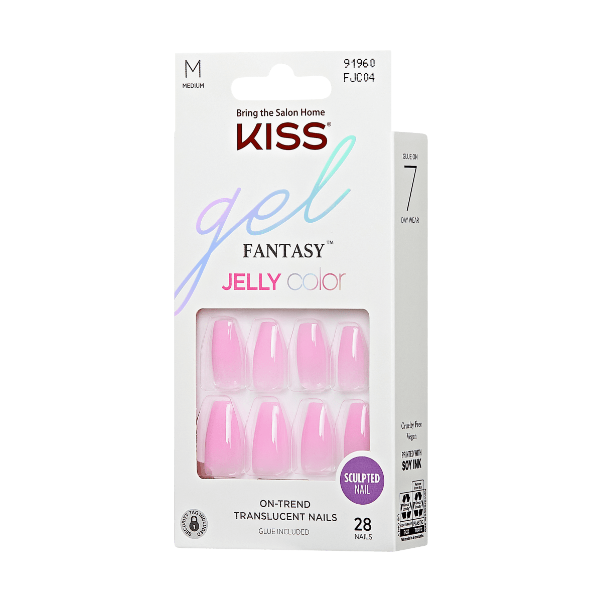 KISS Gel Fantasy, Press-On Nails, Jelly Case, Pink, Med Coffin, 28ct