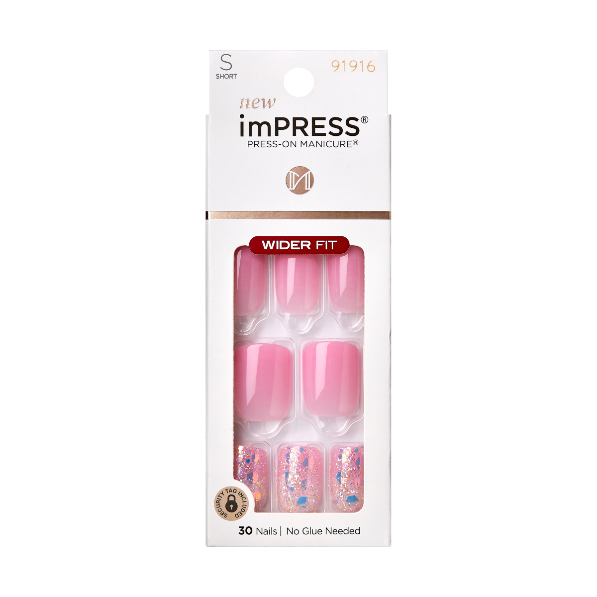 imPRESS press-on manicure nails in wide fit, short length, featuring solid pink and glittery pink designs; 30 nails included, no glue needed.