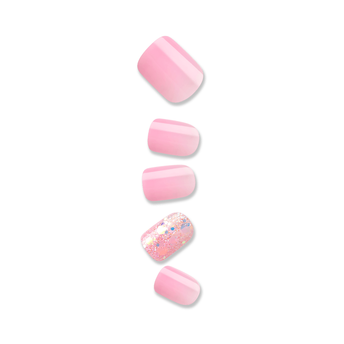 Set of five wide-fit press-on nails in a soft pastel pink shade, including one accent nail with iridescent glitter and hexagonal sequins.