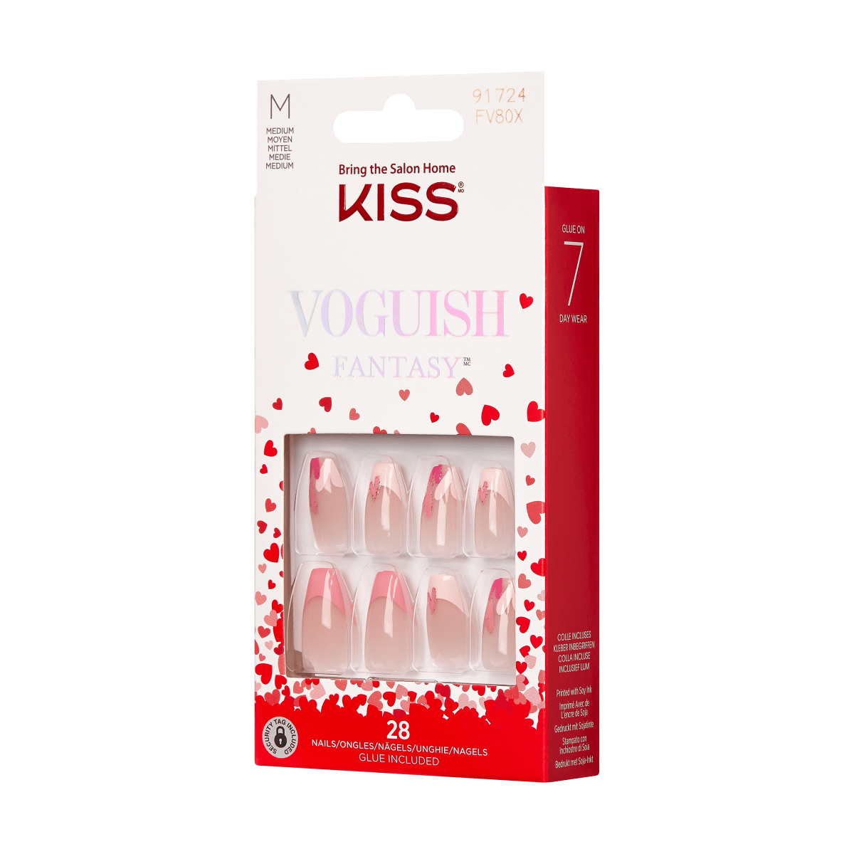 KISS Voguish Fantasy Valentine pink press-on nails with red heart accents, medium size, 28 nails included, glue-on wear for 7 days, packaging with heart design.