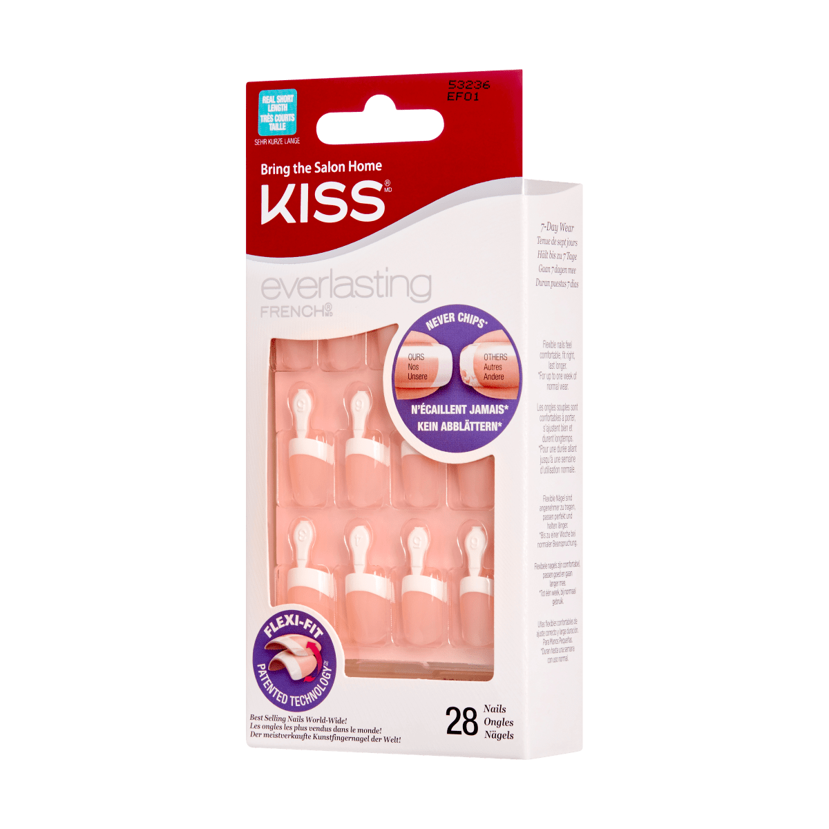 KISS Everlasting, Press-On Nails, Endless, White, Real Short Squoval, 28ct