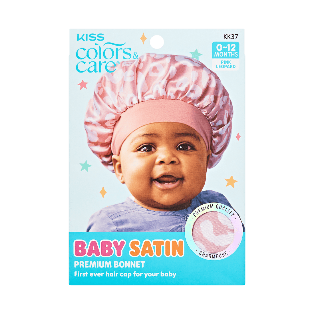 KISS Colors &amp; Care Baby Satin Premium Bonnet, 0-12 Months - Pink Leopard