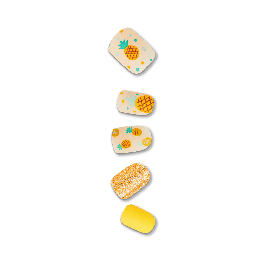 Five press-on nails displayed in a vertical row, featuring tropical pineapple designs in yellow and green, with one glittery gold nail and one solid yellow nail.