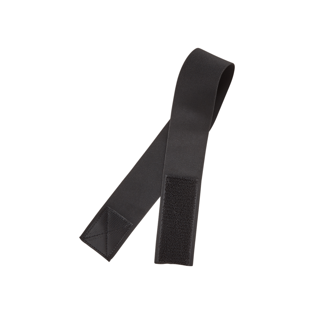 Black elastic band, 1 1/8 inches wide, featuring a hook-and-loop fastener on one end and reinforced stitching on the other, shown slightly twisted.