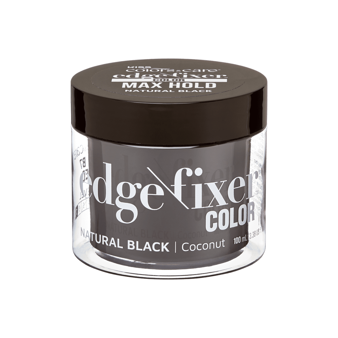 Clear round jar with black lid containing KISS Colors &amp; Care Edge Fixer Color in Natural Black, labeled with \