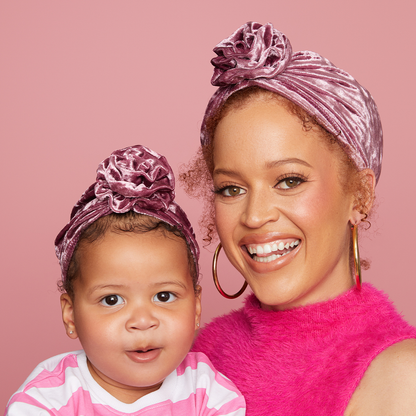 Pre-Tied Turban Set Berry Velvet Mom & Toddler2pcs. - Image 3