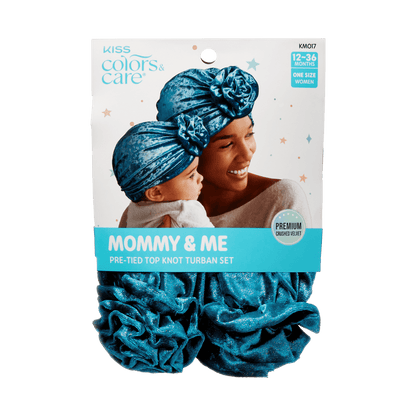 Pre-Tied Turban Set Blue Velvet Mom & Toddler2pcs. - Image 2