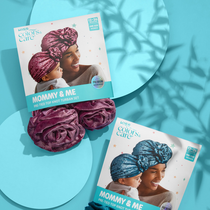 Pre-Tied Turban Set Blue Velvet Mom & Toddler2pcs. - Image 4