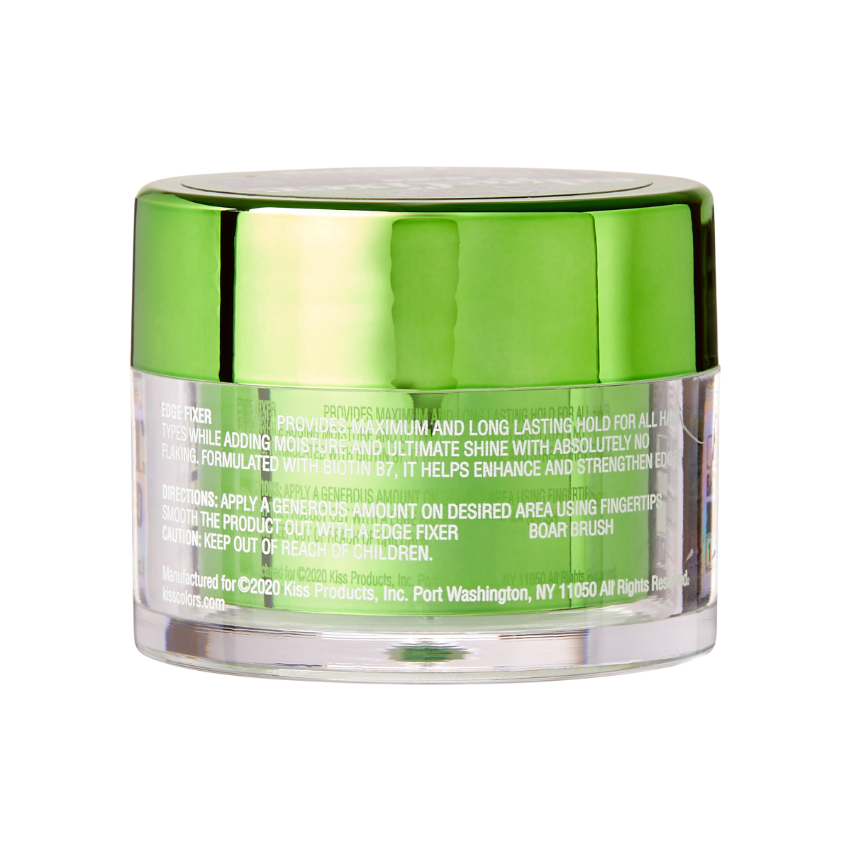Clear round jar with a shiny green lid containing KISS Colors &amp; Care Edge Fixer. Text highlights maximum long-lasting hold and added moisture with biotin B7.
