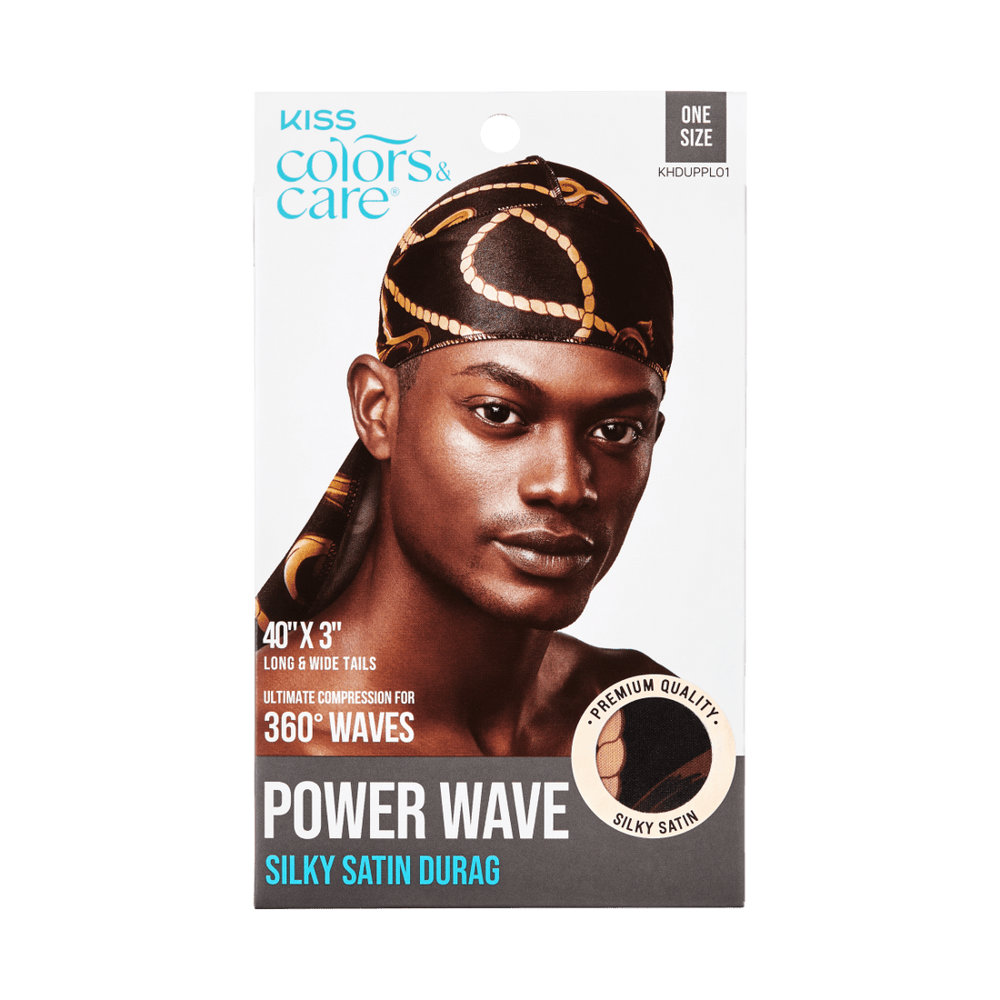 Packaging shows a man wearing a black and gold patterned silky satin durag. Text highlights long tails, ultimate compression for 360° waves, and premium quality.