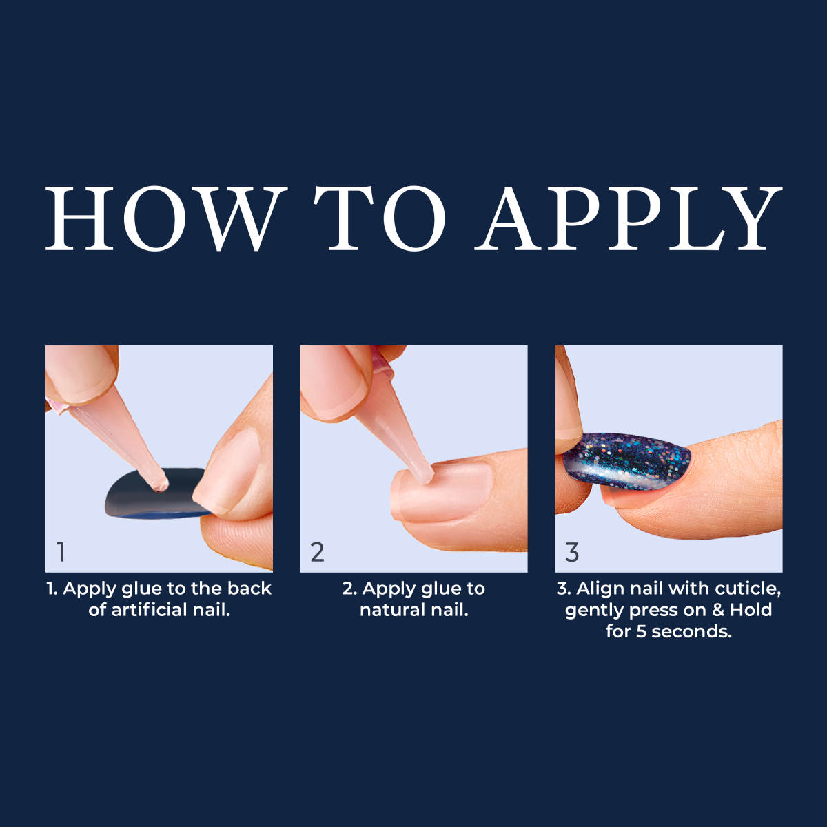 Instructions on a dark blue background showing how to apply KISS Gel Fantasy Allure Nails: apply glue to artificial nail back, then to natural nail, align and press for 5 seconds.