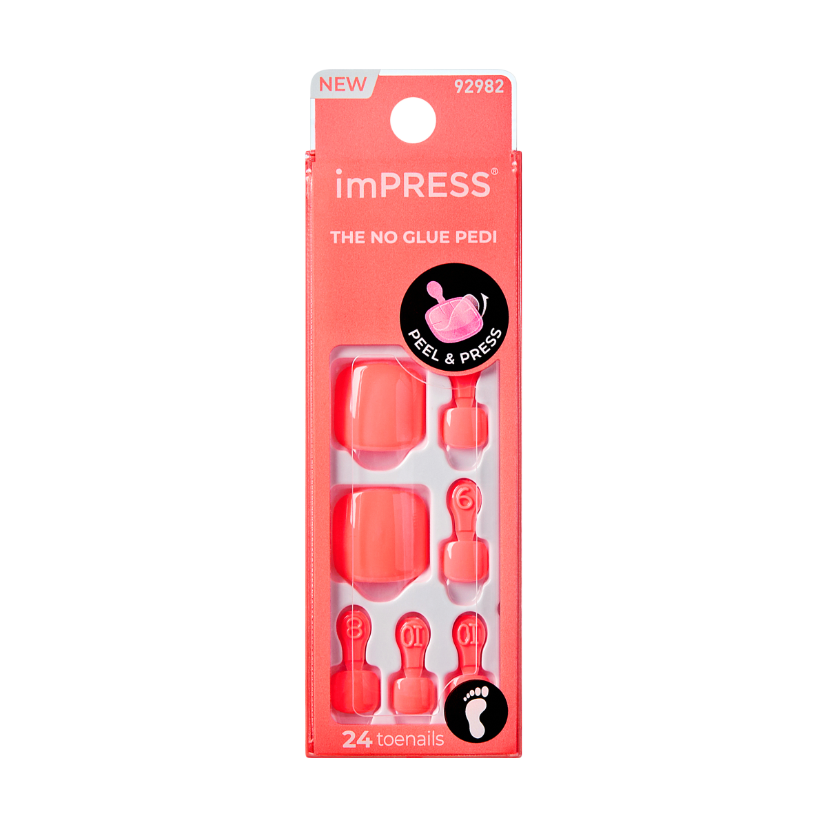Bright coral-colored imPRESS press-on toenails in packaging labeled \