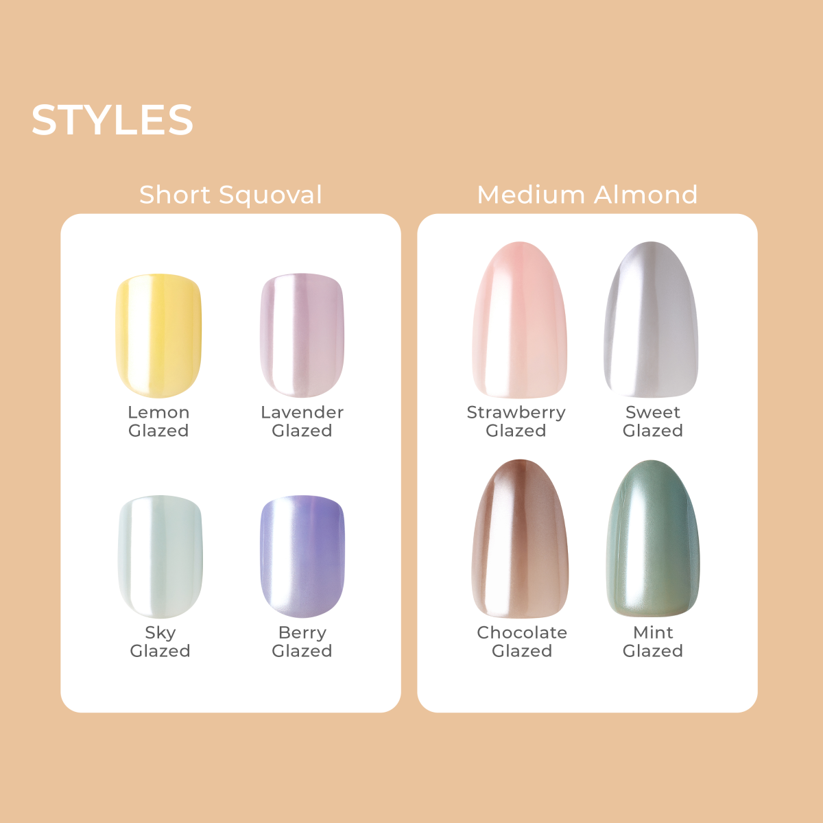 Glossy press-on nail styles shown in two shapes: Short Squoval with Lemon, Lavender, Sky, and Berry glazed colors; Medium Almond with Strawberry, Sweet, Chocolate, and Mint glazed colors.