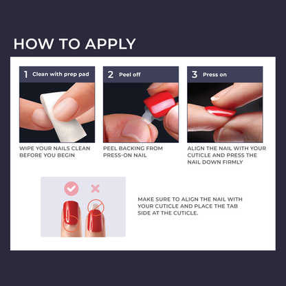 Step-by-step instructions for applying red press-on nails: clean nails with prep pad, peel backing from nail, press nail firmly aligned with cuticle.