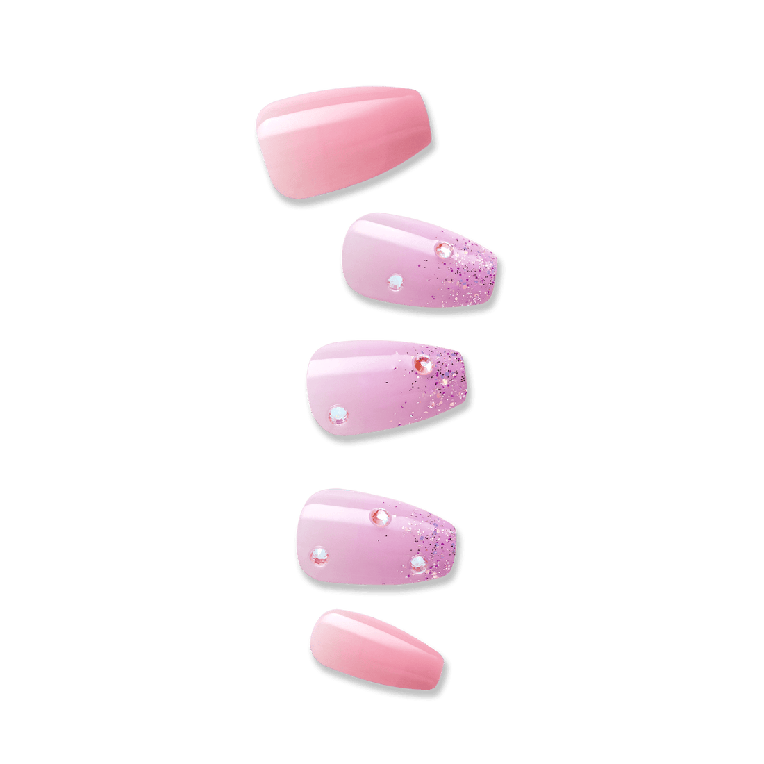 Set of five pink press-on nails with a glossy finish; three nails feature purple glitter tips and small rhinestone accents.