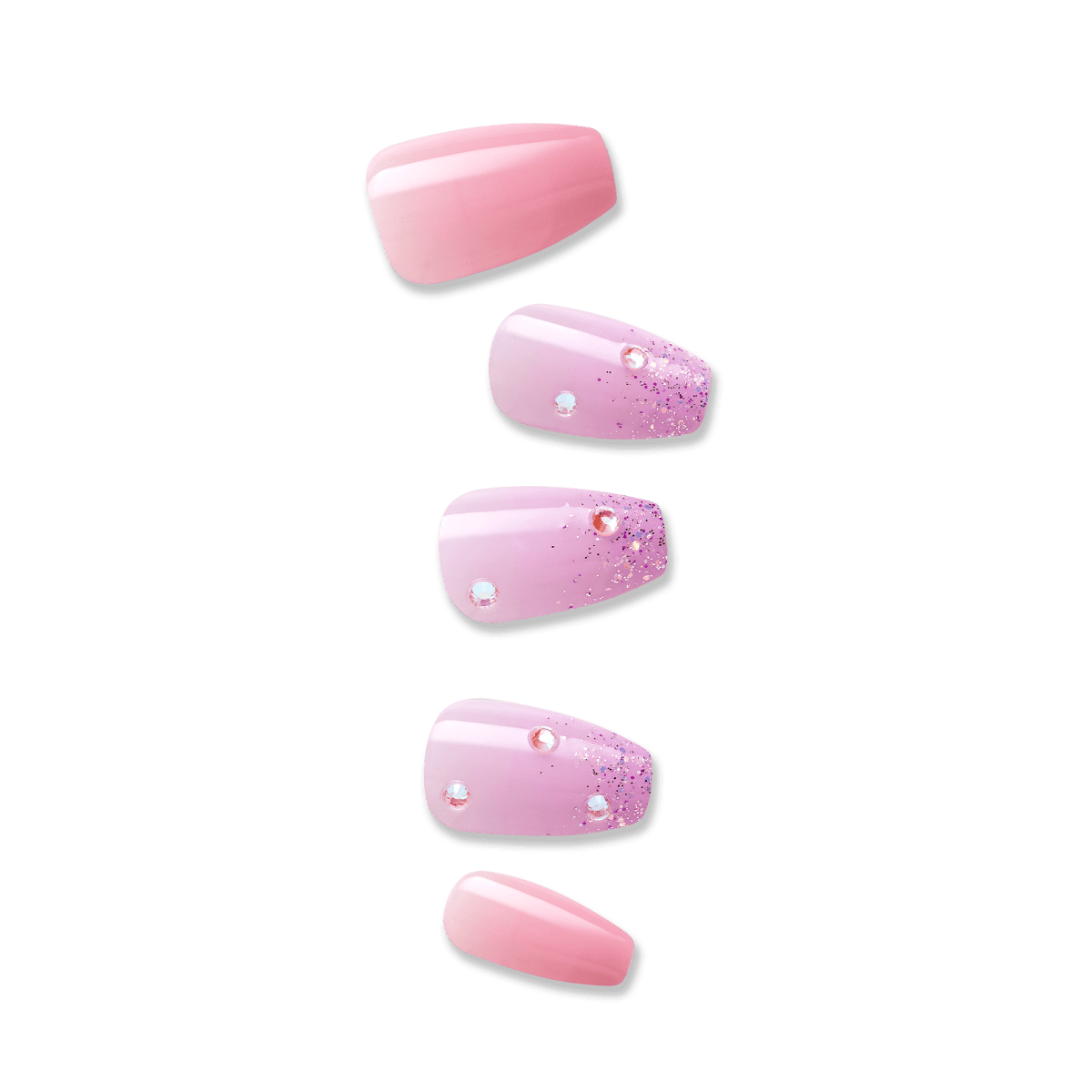 Set of five pink press-on nails with a glossy finish; three nails feature purple glitter tips and small rhinestone accents.