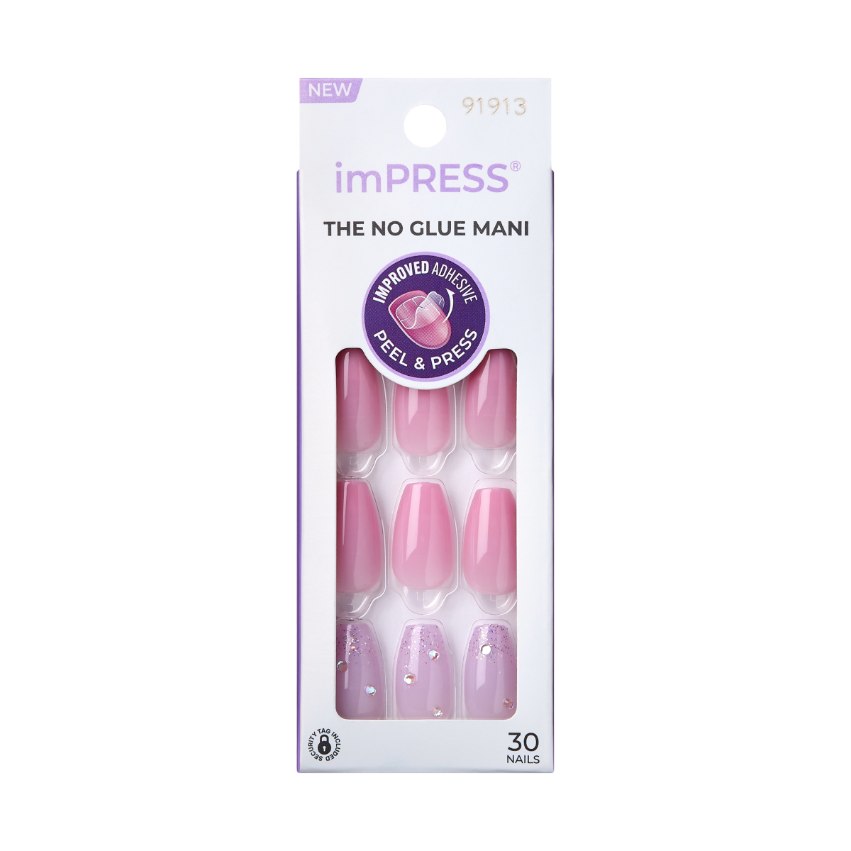 imPRESS Moonlit press-on nails packaging shows 30 pink and lavender nails, some decorated with glitter and rhinestones, with peel and press adhesive.