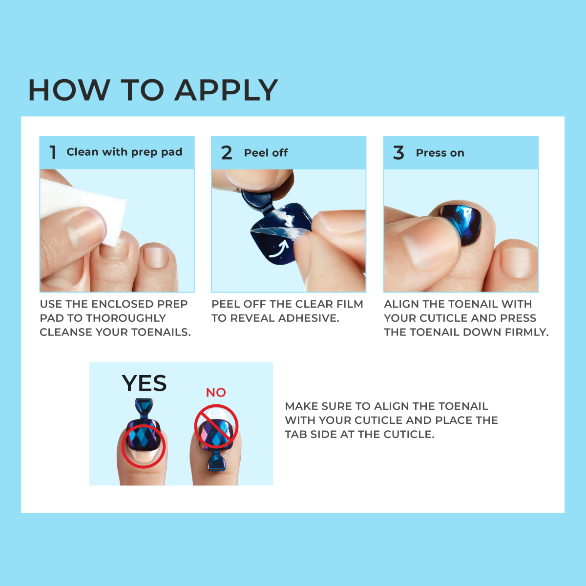 Step-by-step instructions on a blue background for applying imPRESS Press-On Pedicure: clean toenail with prep pad, peel off clear film from press-on, press nail onto toenail aligned with cuticle. Includes correct and incorrect placement examples.