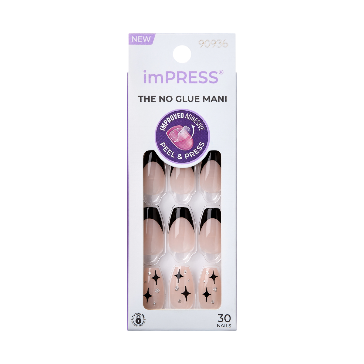 KISS imPRESS No Glue Mani Press On Nails, Design, For the Night, Black, Med Coffin, 30ct