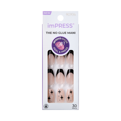 KISS imPRESS No Glue Mani Press On Nails, Design, For the Night, Black, Med Coffin, 30ct